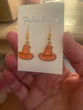 Fashion Jewelry Orange Witch Hat Drop Earrings with Gold Accents